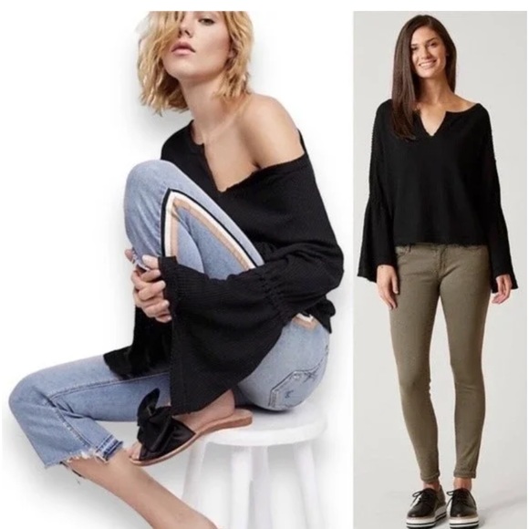 We the free Free People thermal bell sleeve waffle knit shirt-black-Medium - Picture 4 of 11